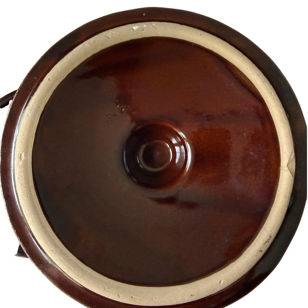 Vintage Brown Drip Glaze Bean Pot with Lid - USA Stoneware - Cottagecore Kitchen